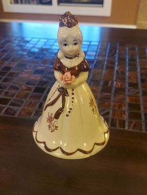 Vintage Ceramic Lady Figurine in Cream and Brown with Pink Rose Bell